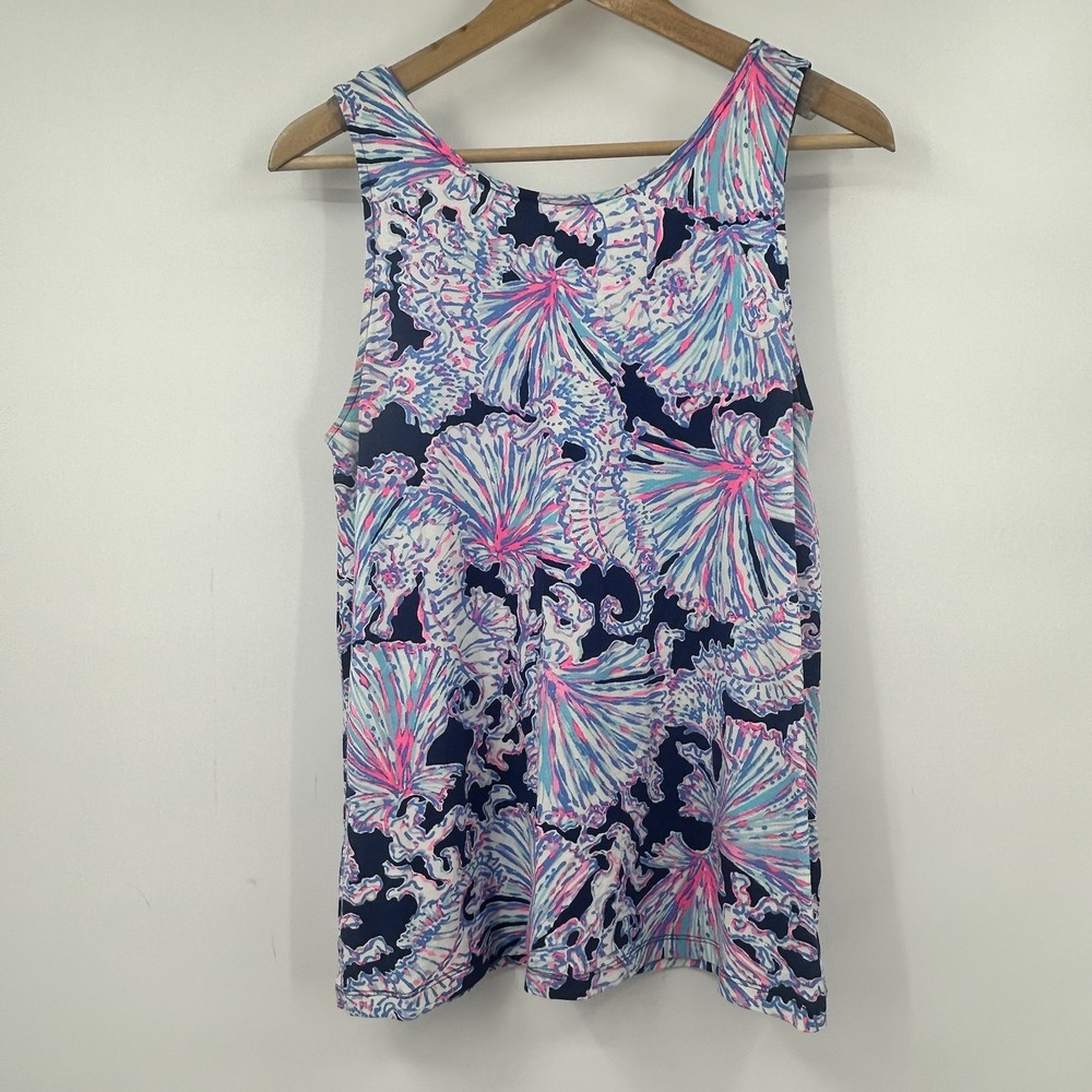Lilly Pulitzer Womens M Seashell Print Tank Top Criss Cross Back Pink Blue